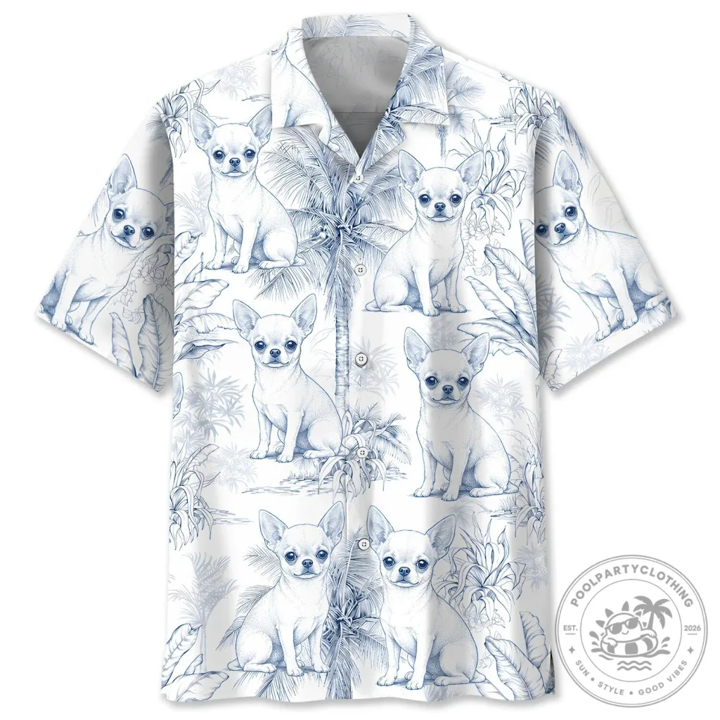 Blue and White Chihuahua Dog Pattern Tropical Hawaiian Shirt Blue and White Chihuahua Dog Pattern Tropical Hawaiian Shirt