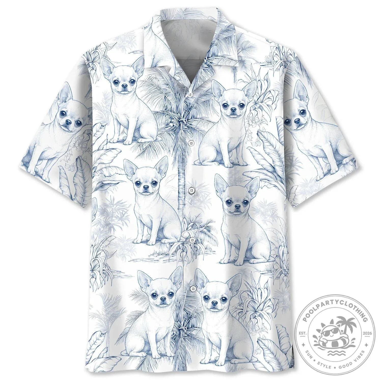Blue and White Chihuahua Dog Pattern Tropical Hawaiian Shirt