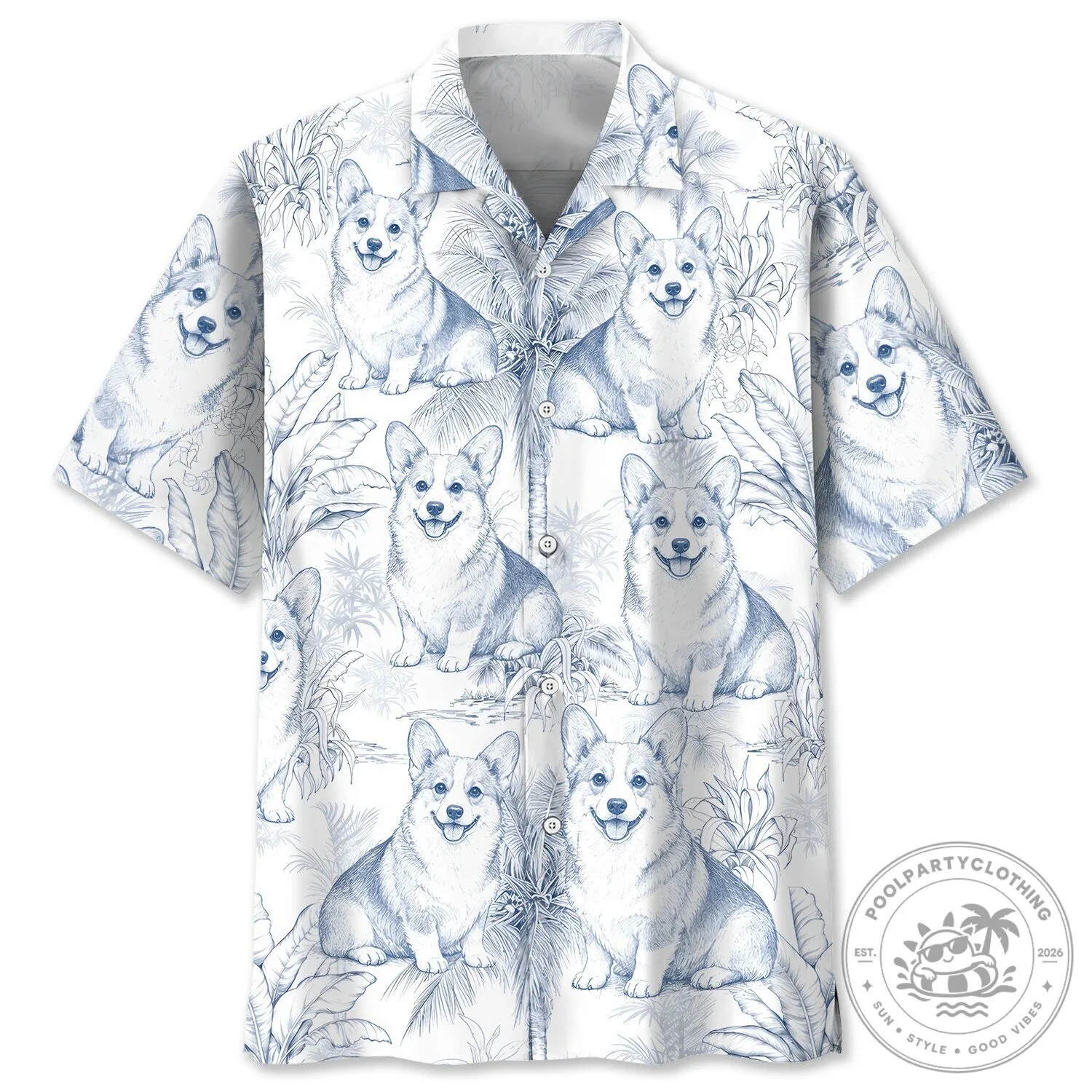 Cute Corgi Dog Blue and White Tropical Pattern Hawaiian Shirt