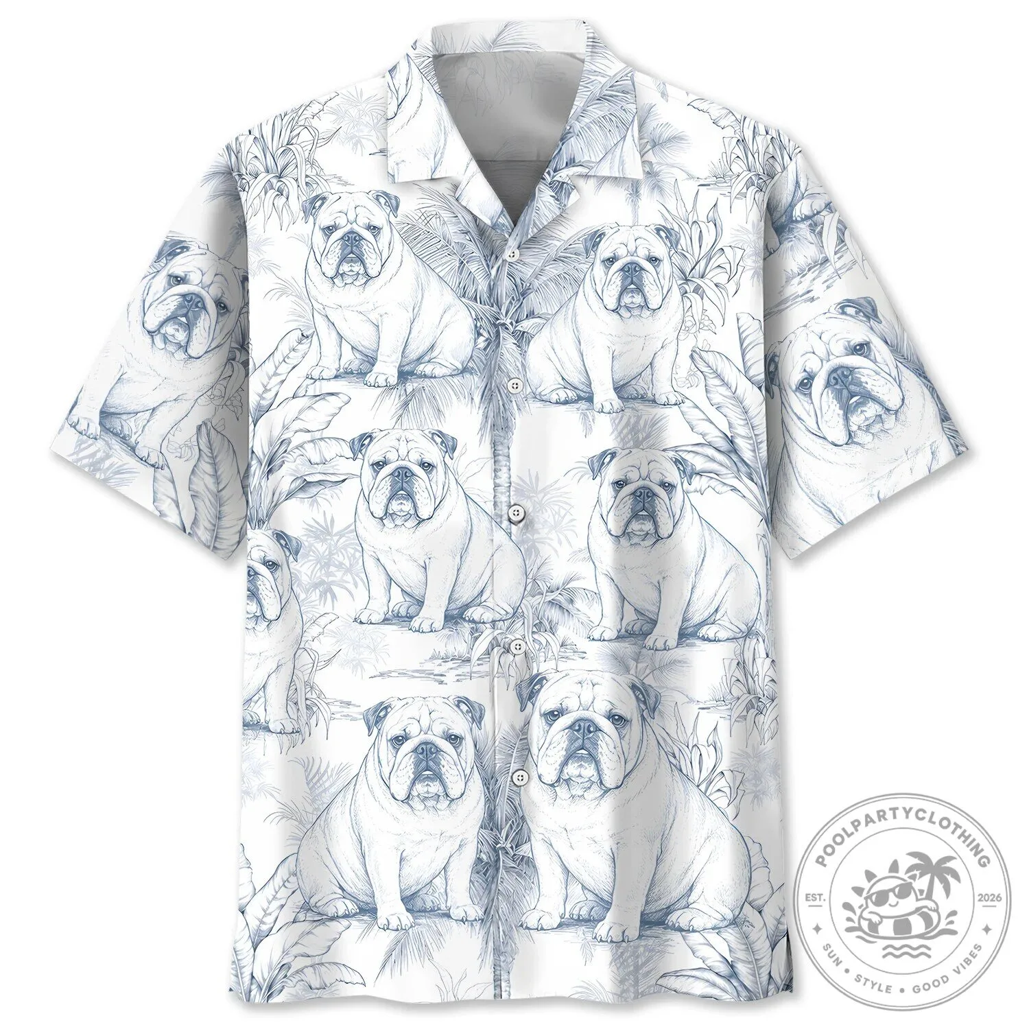 English Bulldog Tropical Pattern White Hawaiian Shirt