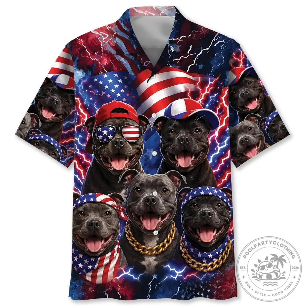 Staffordshire Bull Terrier Patriotic American Flag Hawaiian Shirt Staffordshire Bull Terrier Patriotic American Flag Hawaiian Shirt