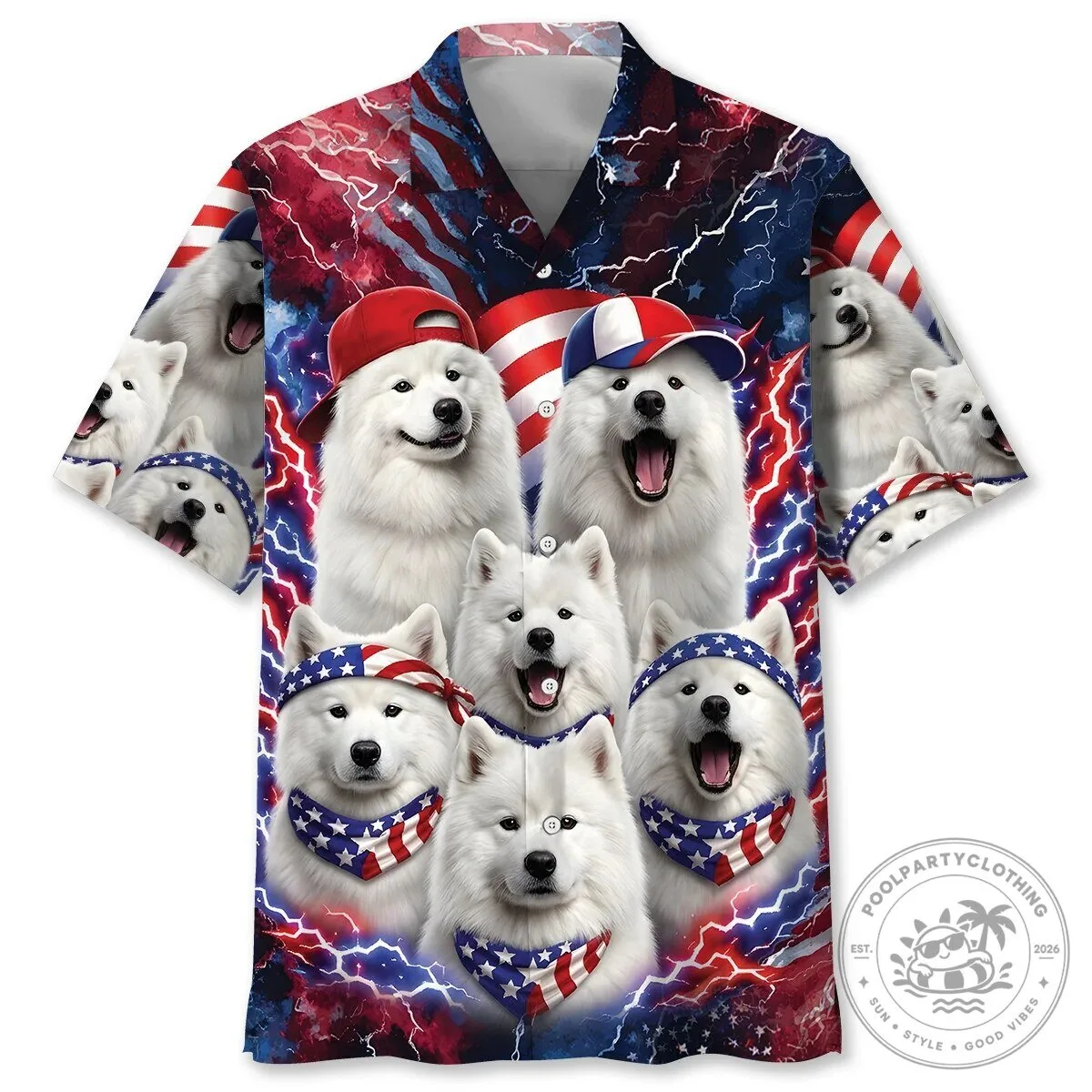 Funny Samoyed Dog American Flag Patriotic Independence Day Hawaiian Shirt