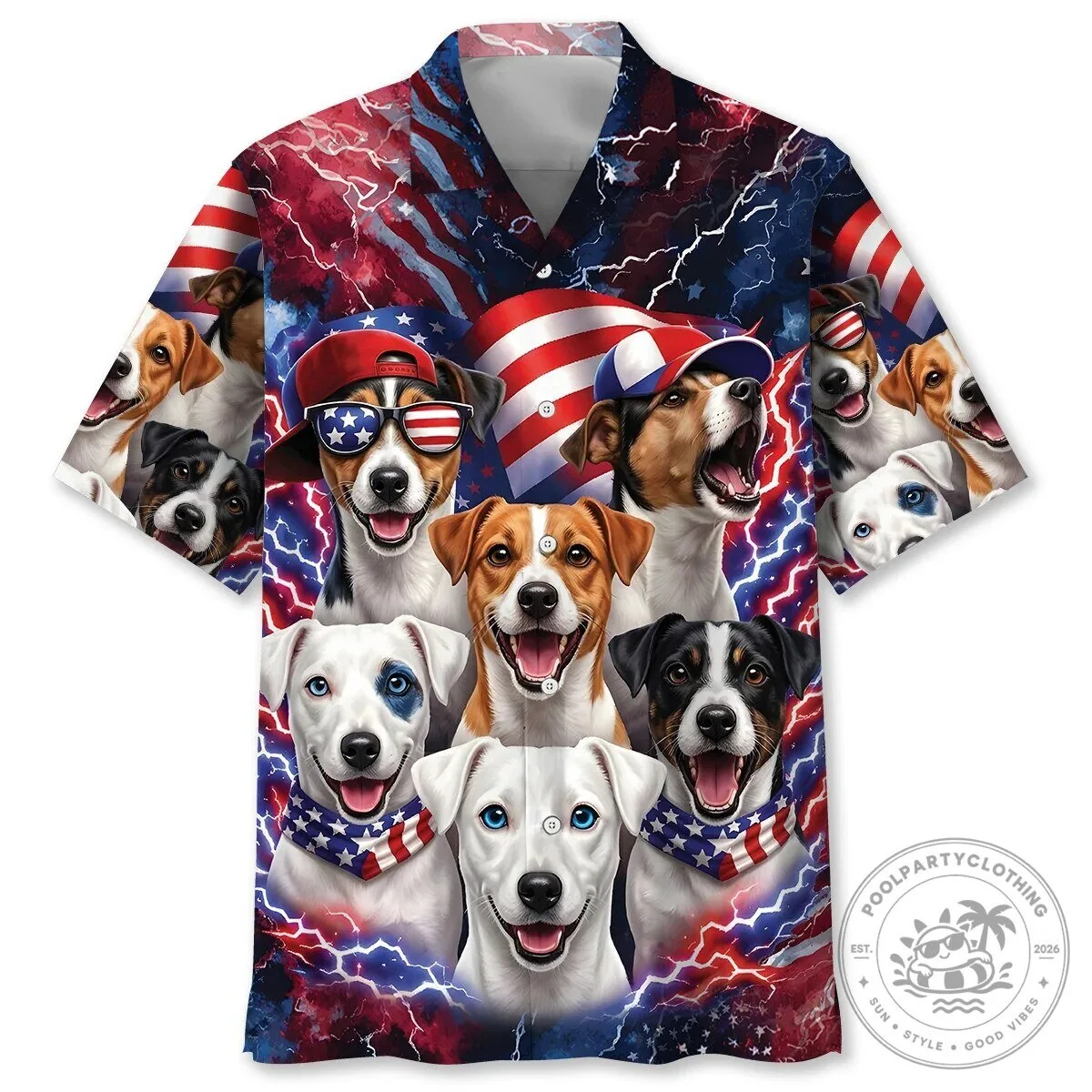 Jack Russell Terrier Dog Patriotic American Flag Lightning Hawaiian Shirt