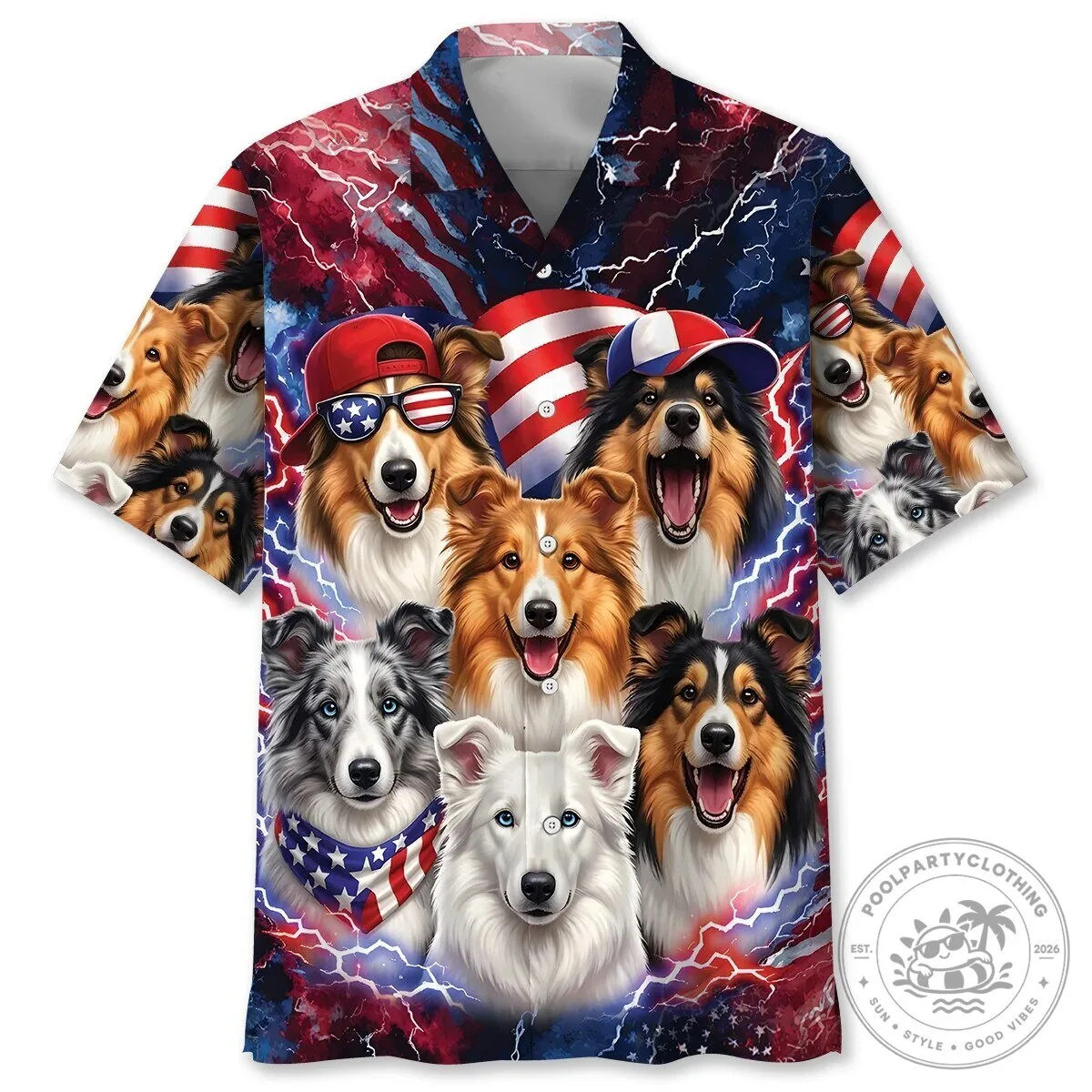 Funny Collie Dog Patriotic American Flag Lightning Hawaiian Shirt