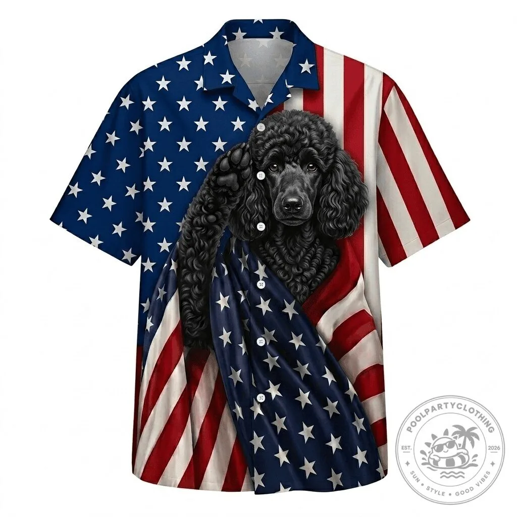 Black Poodle Patriotic American Flag Print Hawaiian Shirt