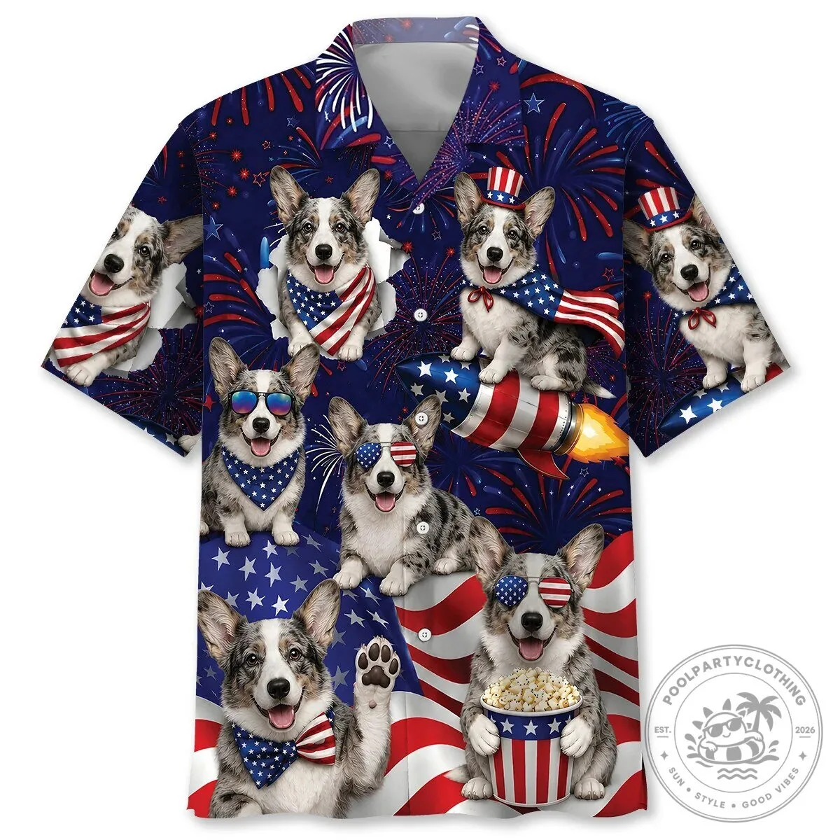 Patriotic Blue Merle Cardigan Welsh Corgi 4th of July Hawaiian Shirt