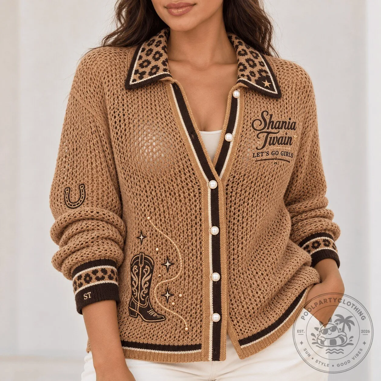 Shania Twain Let's Go Girls Embroidered Open-Knit Cardigan Sweater