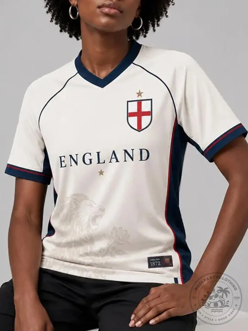 England Football Team White and Navy V-Neck Short Sleeve Jersey