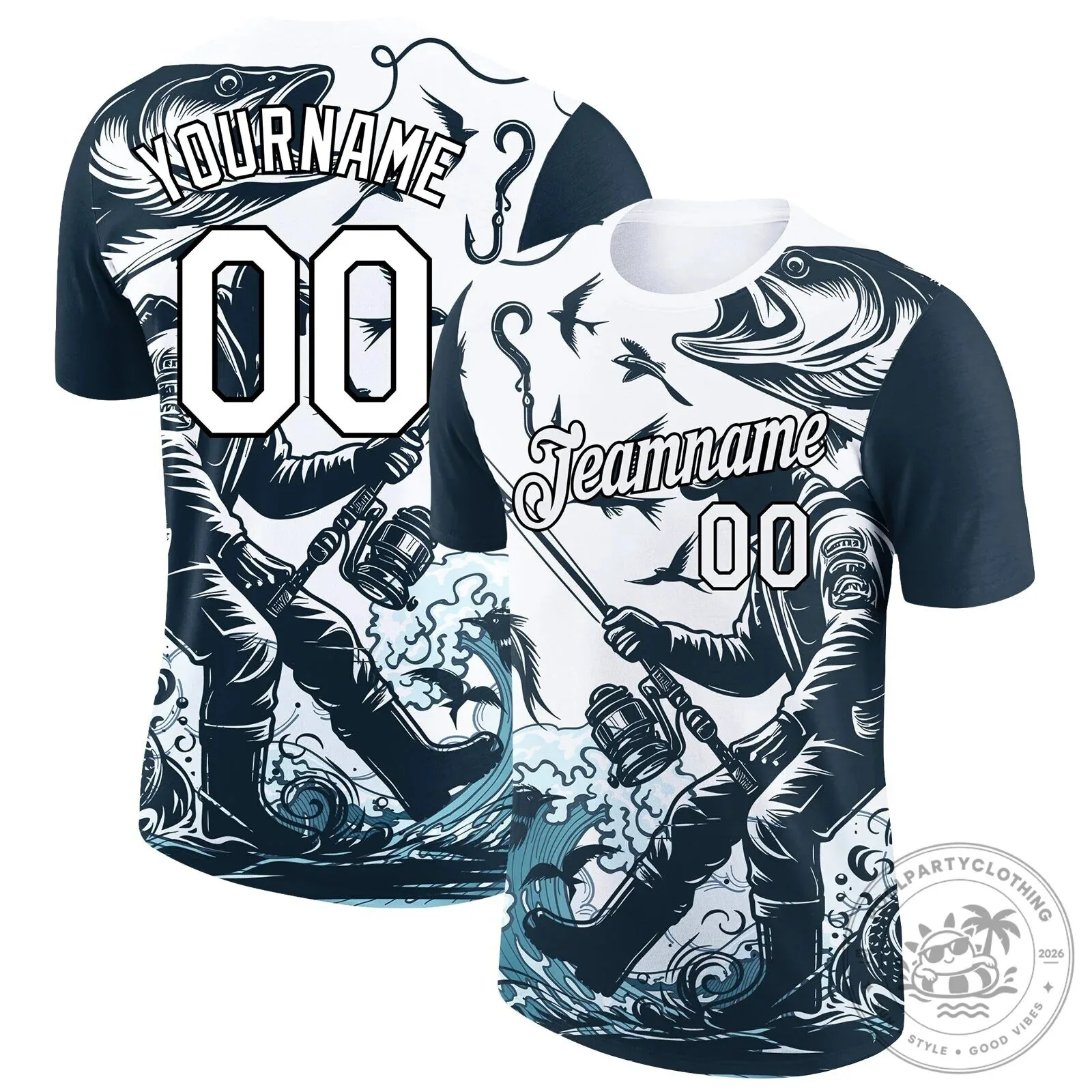 Hook 'Em Fishing Angler Custom Name Number White Black T-Shirt