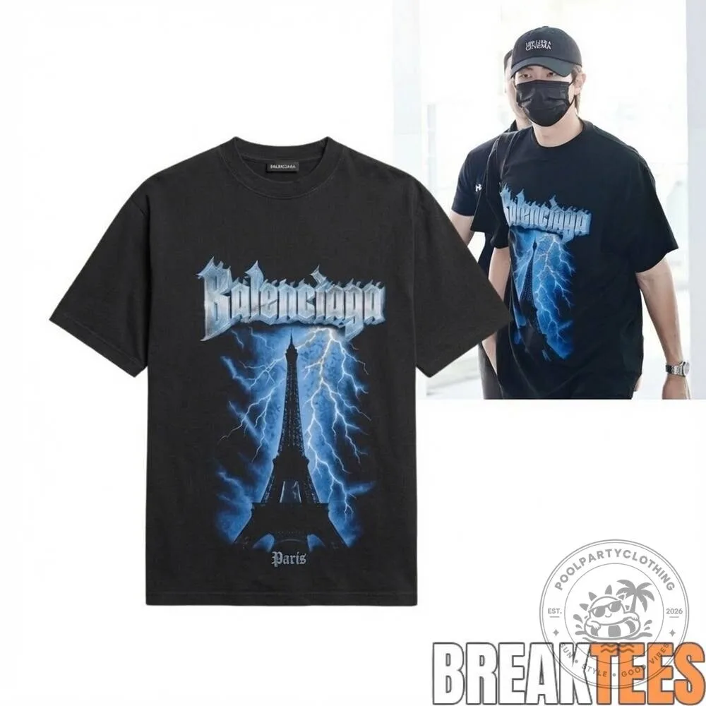 Balenciaga Paris Eiffel Tower Lightning Graphic Black Short Sleeve T-Shirt