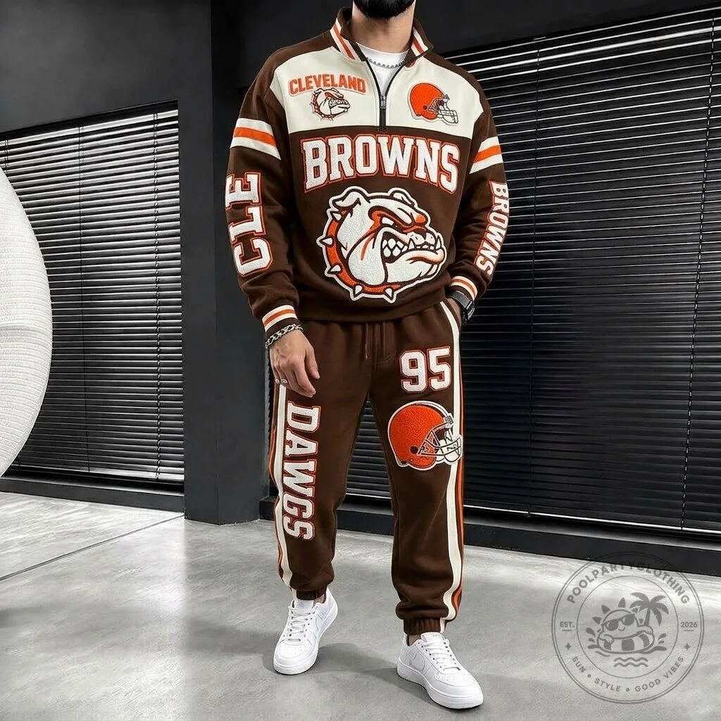 Cleveland Browns Football Team Bulldog Mascot Quarter Zip Sweatshirt and Jogger Pants Set