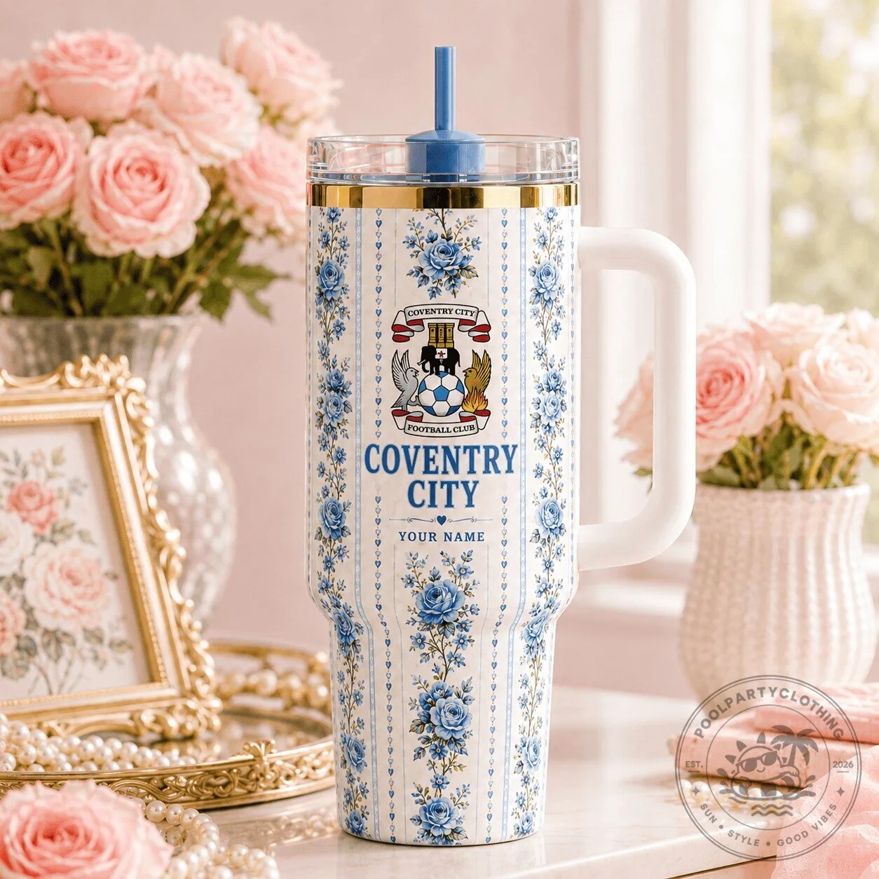 Coventry City Football Club Floral Pattern Insulated Travel Tumbler with Handle