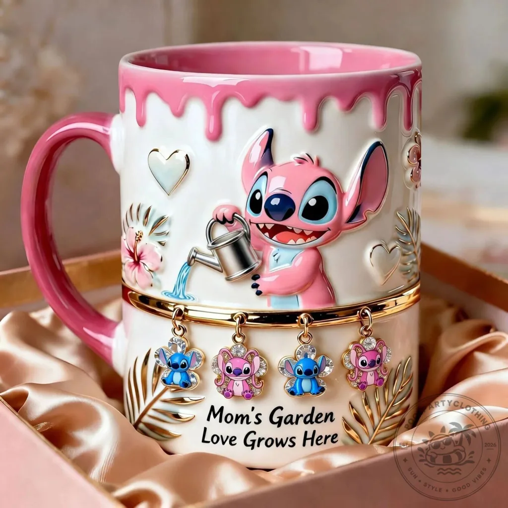 Stitch and Angel Mom's Garden Love Grows Here Personalized Coffee Mug Stitch and Angel Mom's Garden Love Grows Here Personalized Coffee Mug