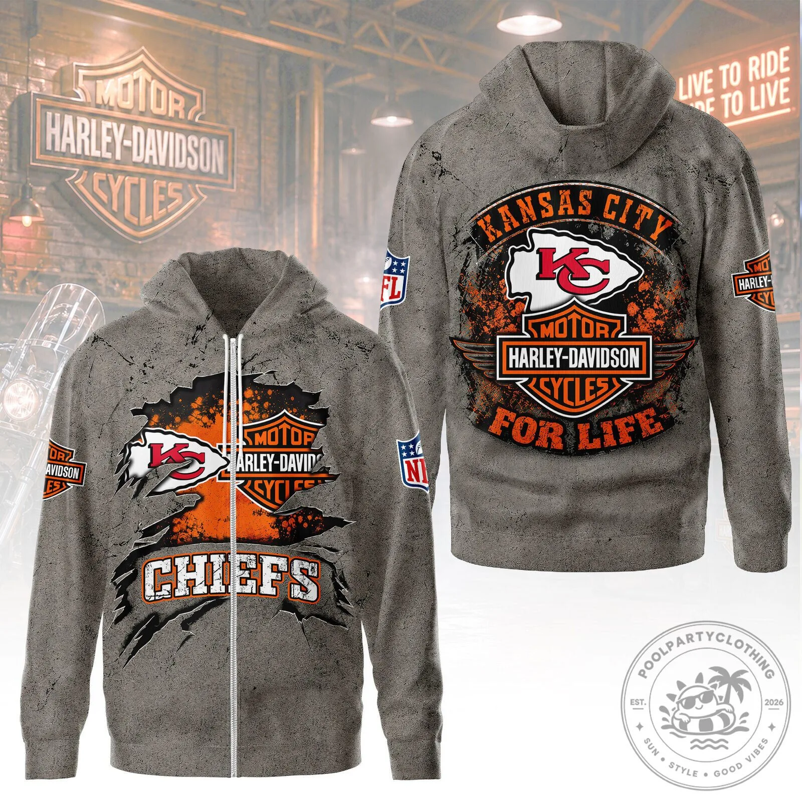 Kansas City Chiefs Harley Davidson Motorcycles For Life Full-Zip Hoodie