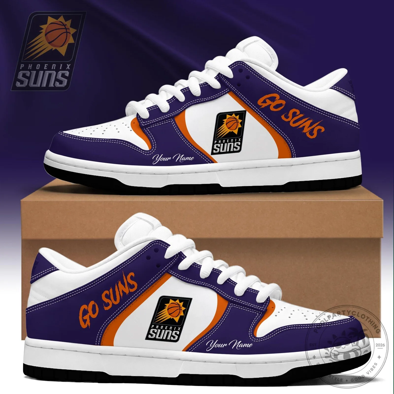 Phoenix Suns Basketball Team Custom Name White and Purple Sneakers