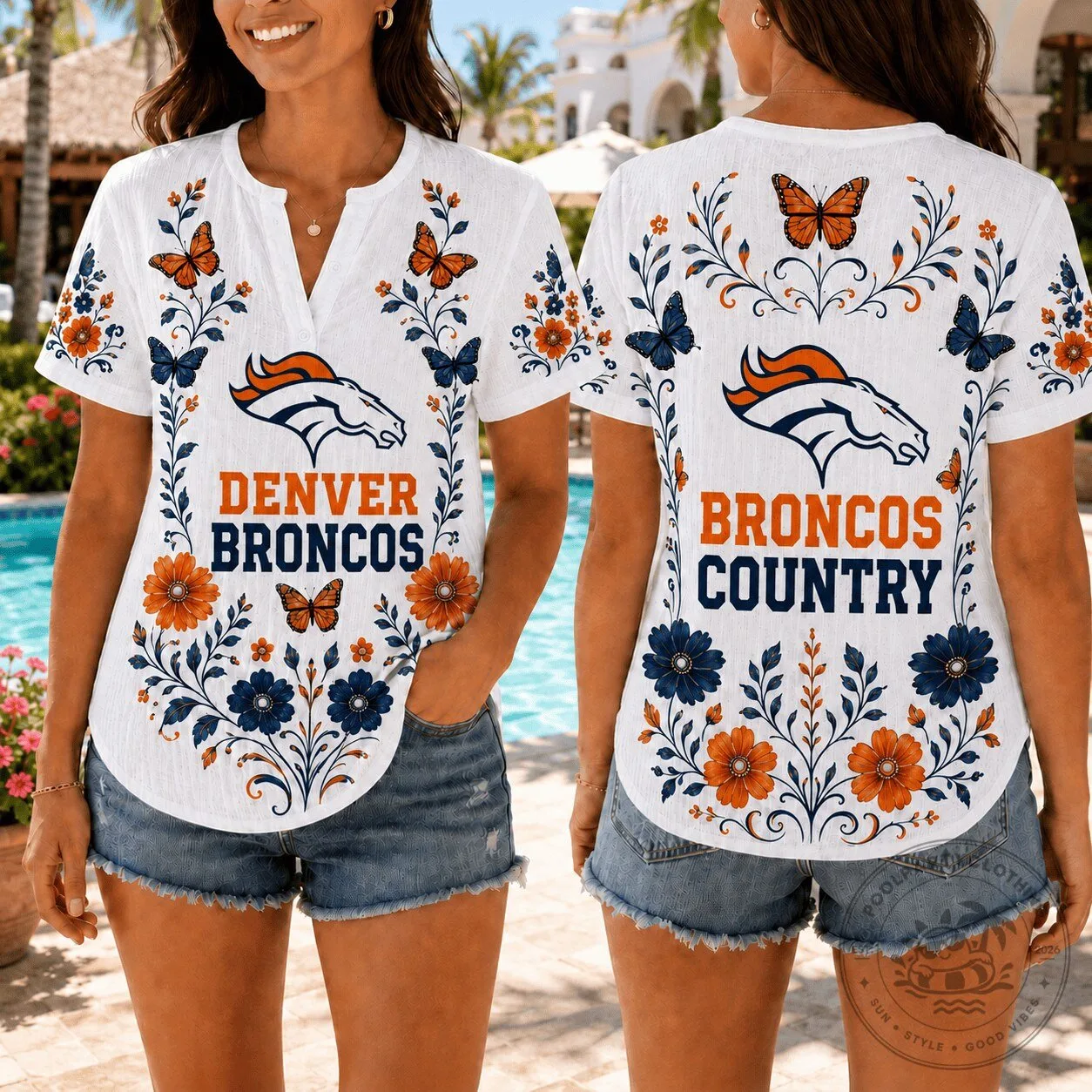 Denver Broncos Butterfly Floral Game Day Women's T-Shirt