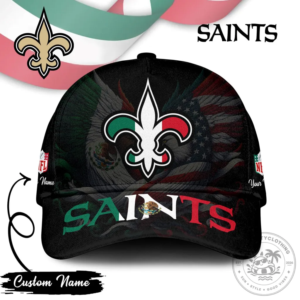New Orleans Saints NFL Mexican Flag Custom Name Black Baseball Cap Hat New Orleans Saints NFL Mexican Flag Custom Name Black Baseball Cap Hat