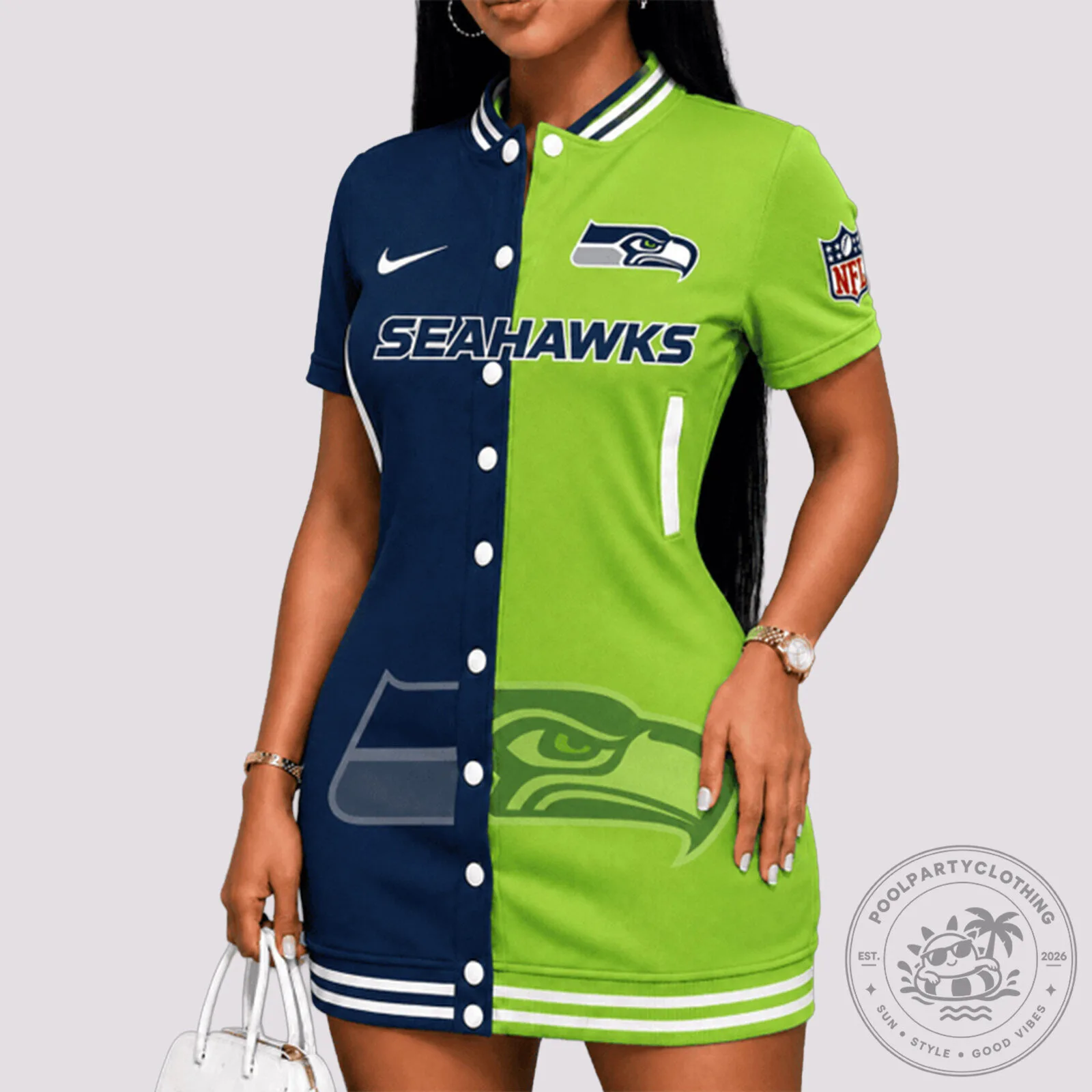 Seattle Seahawks Split Color Short Sleeve Button Up Baseball Dress