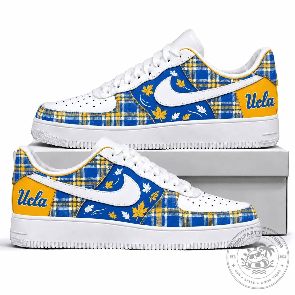 UCLA Bruins Plaid Pattern Autumn Leaves White Sneakers