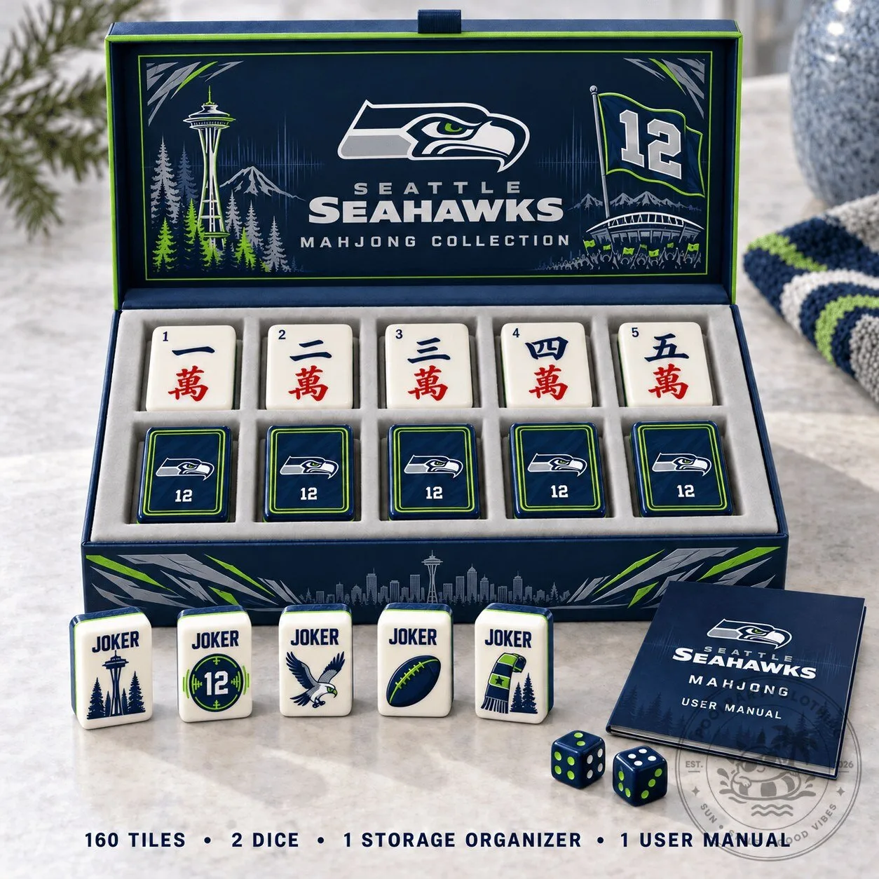 Seattle Seahawks Mahjong Game Set with 160 Tiles, Dice, and Storage Organizer