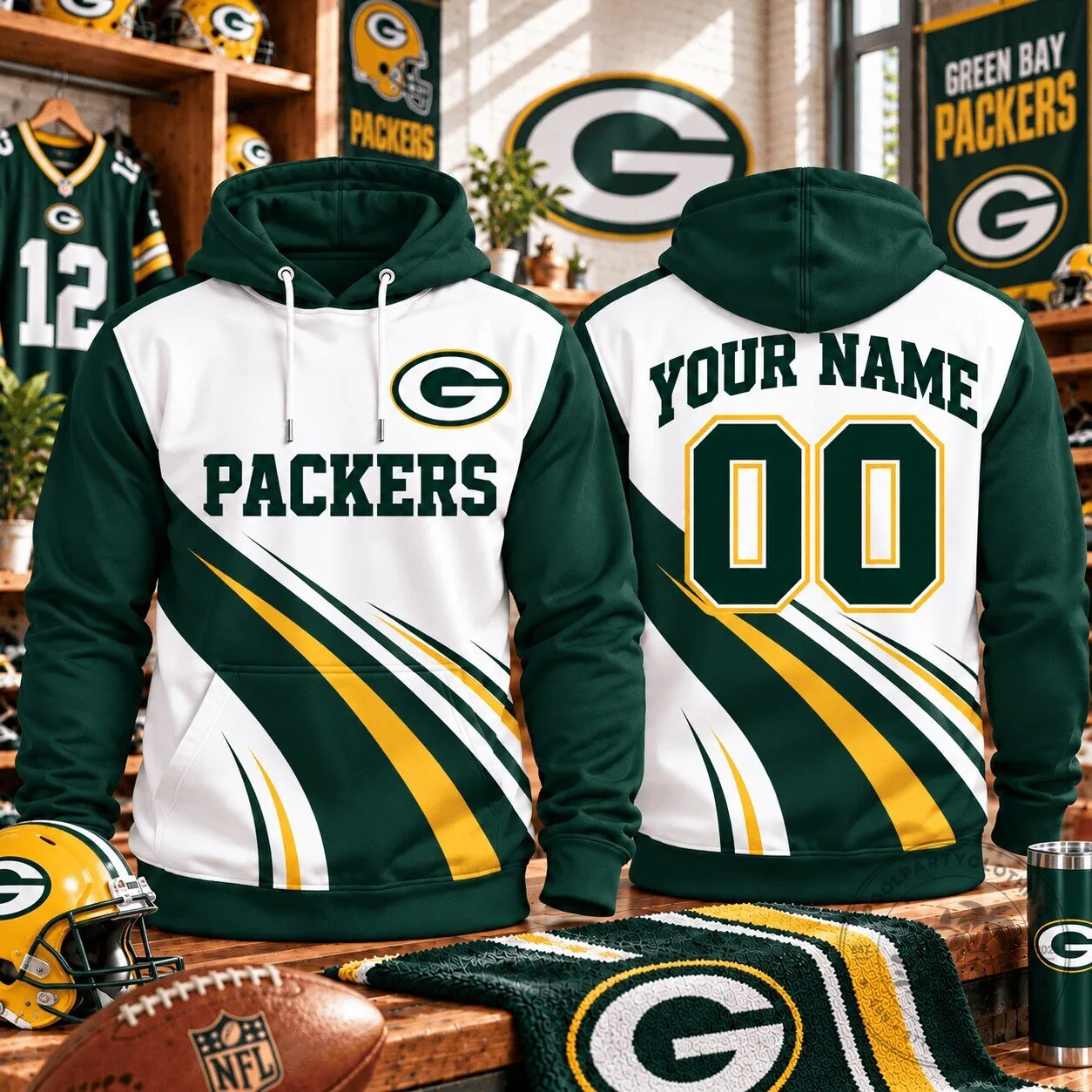 Green Bay Packers Custom Name and Number Football Fan Hoodie