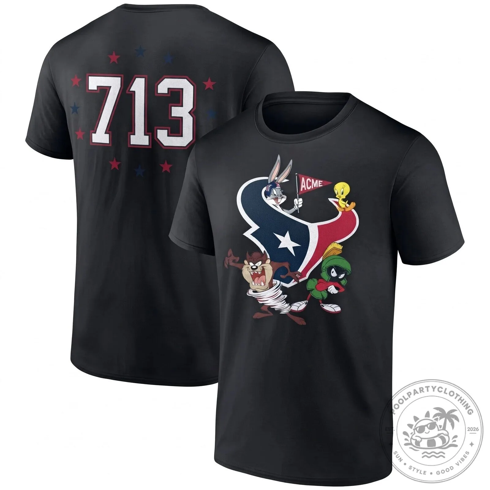 Bugs Bunny, Marvin the Martian, Taz & Tweety Bird T-Shirt - Houston Texans Looney Tunes Design