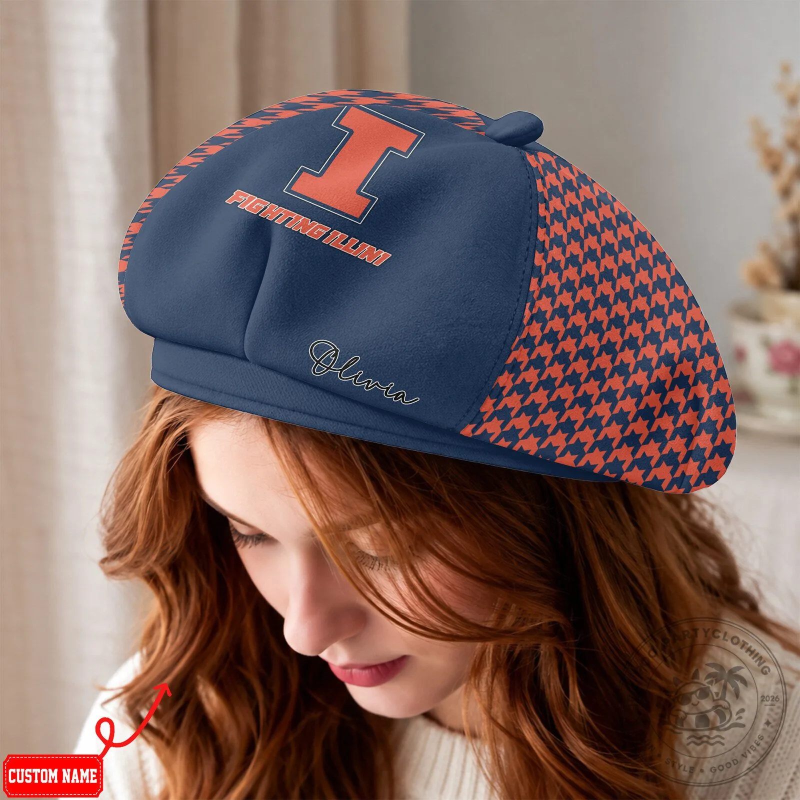 Illinois Fighting Illini Custom Name Houndstooth Beret Cap Hat