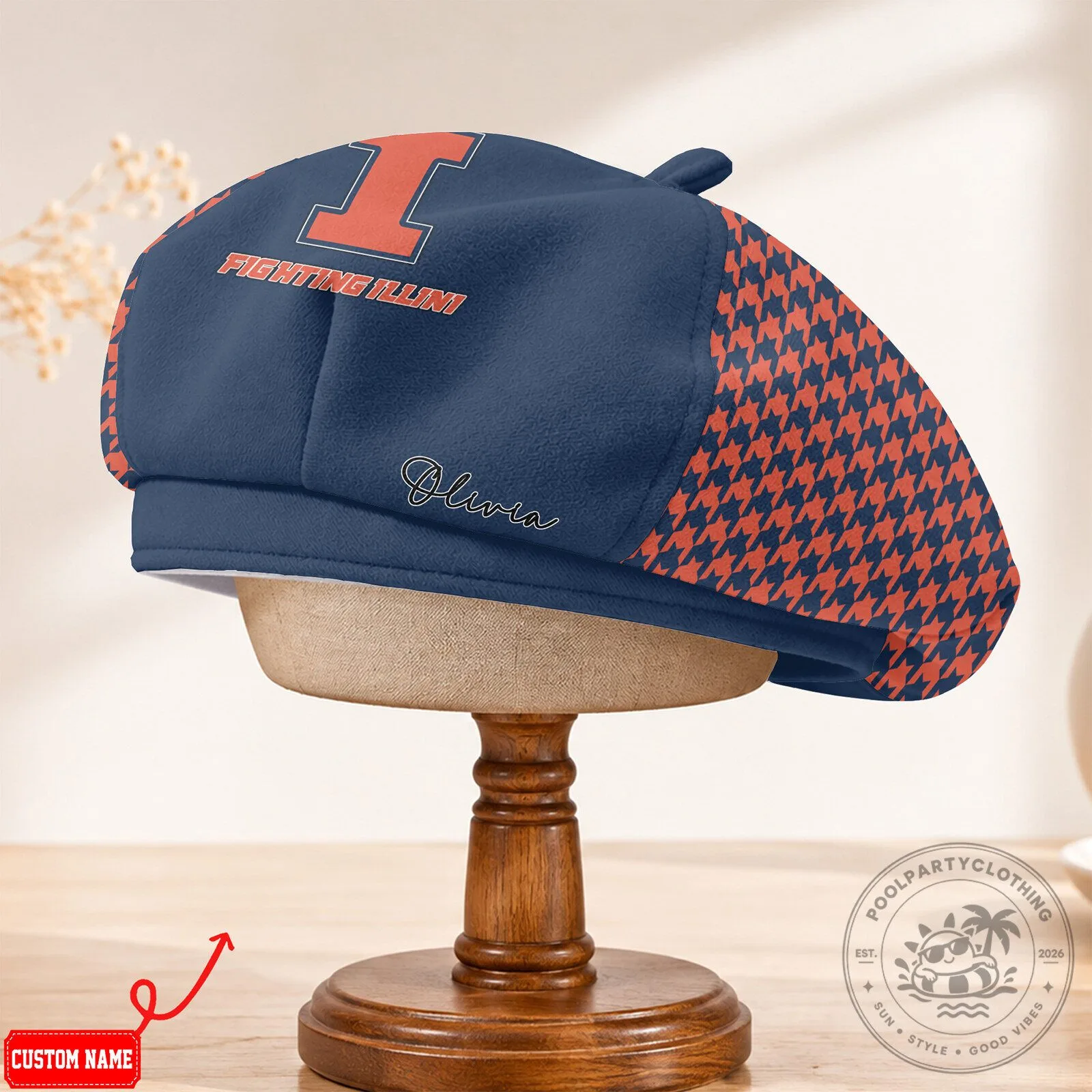 Illinois Fighting Illini Custom Name Houndstooth Beret Cap Hat 9 Illinois Fighting Illini Custom Name Houndstooth Beret Cap Hat