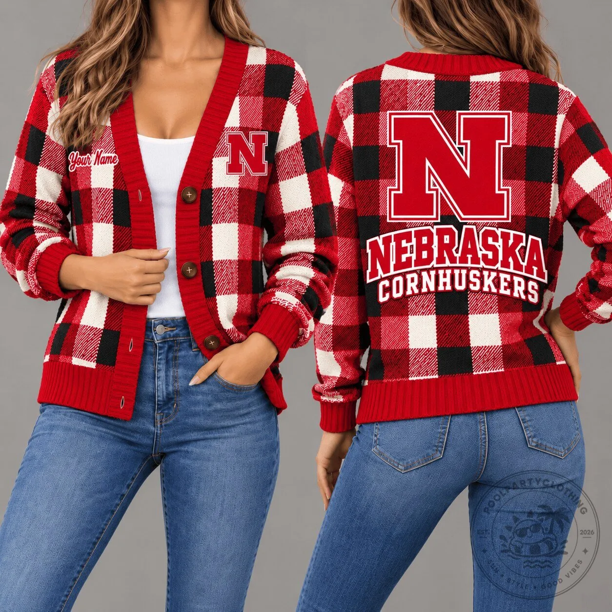 Nebraska Cornhuskers Plaid Pattern Personalized Cardigan Sweater