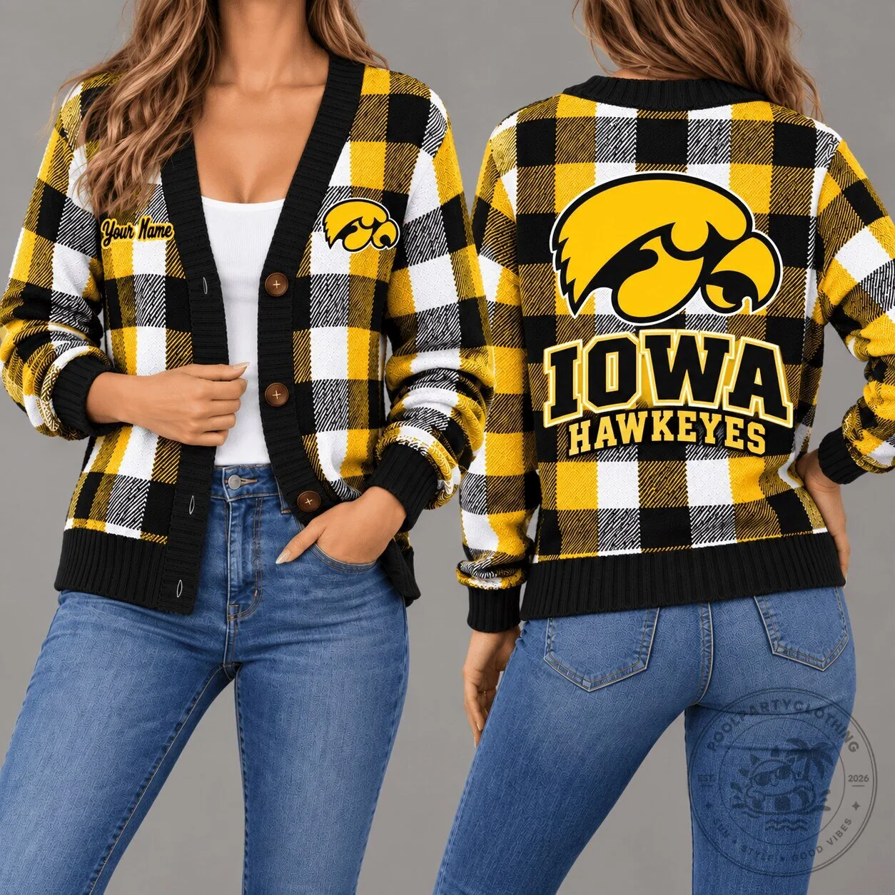 Iowa Hawkeyes Plaid Pattern Personalized Cardigan Sweater