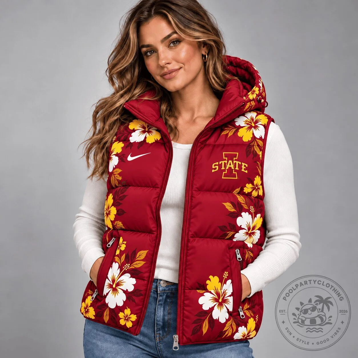 Iowa State Cyclones NCAA Floral Hibiscus Hooded Puffer Vest