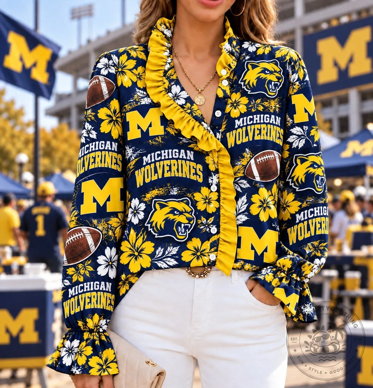 Michigan Wolverines Floral Ruffle Long Sleeve Blouse for Women 1 Michigan Wolverines Floral Ruffle Long Sleeve Blouse for Women