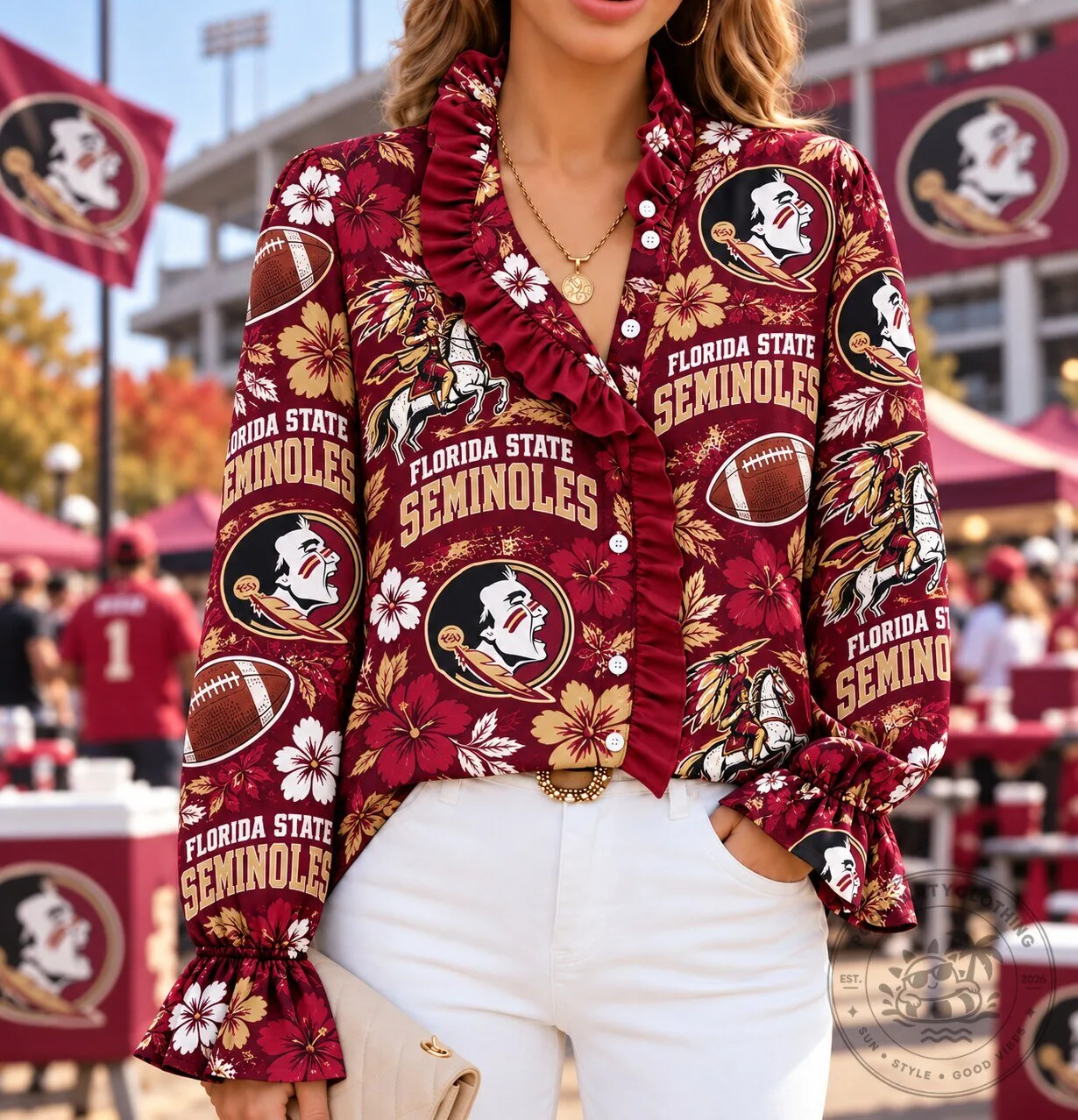 Florida State Seminoles Floral Ruffle Long Sleeve Blouse