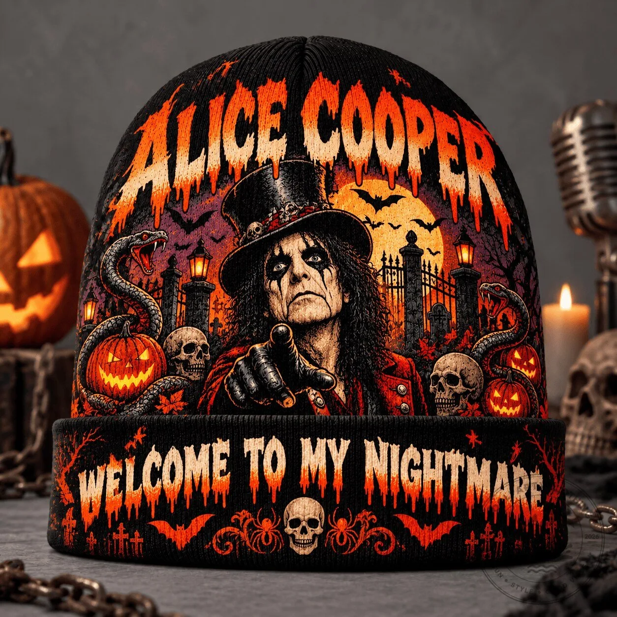 Alice Cooper Welcome To My Nightmare Halloween Graphic Knit Beanie Hat