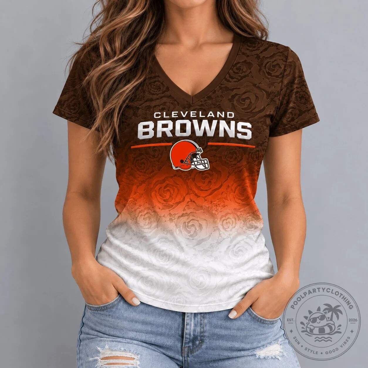 Cleveland Browns Football Team Ombre Rose Pattern Women's V-Neck T-Shirt