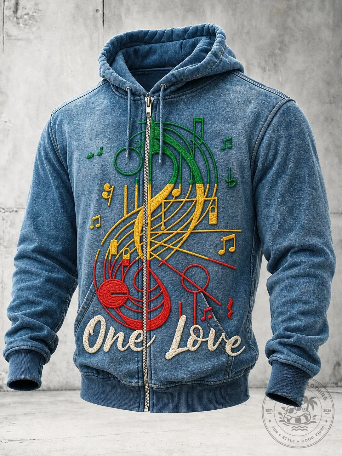 One Love Reggae Music Notes Full Zip Denim Hoodie
