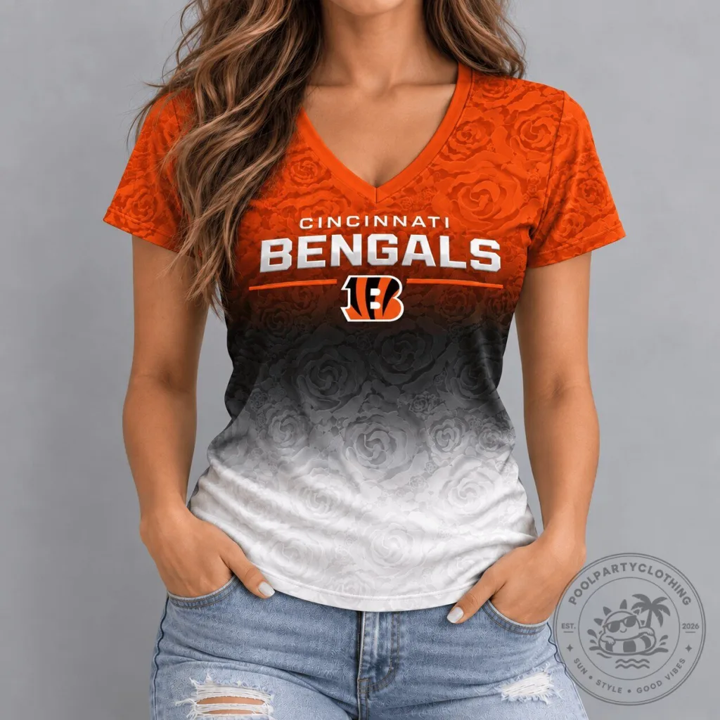 Cincinnati Bengals NFL Embossed Rose Ombre Women's V-Neck T-Shirt Cincinnati Bengals NFL Embossed Rose Ombre Women's V-Neck T-Shirt