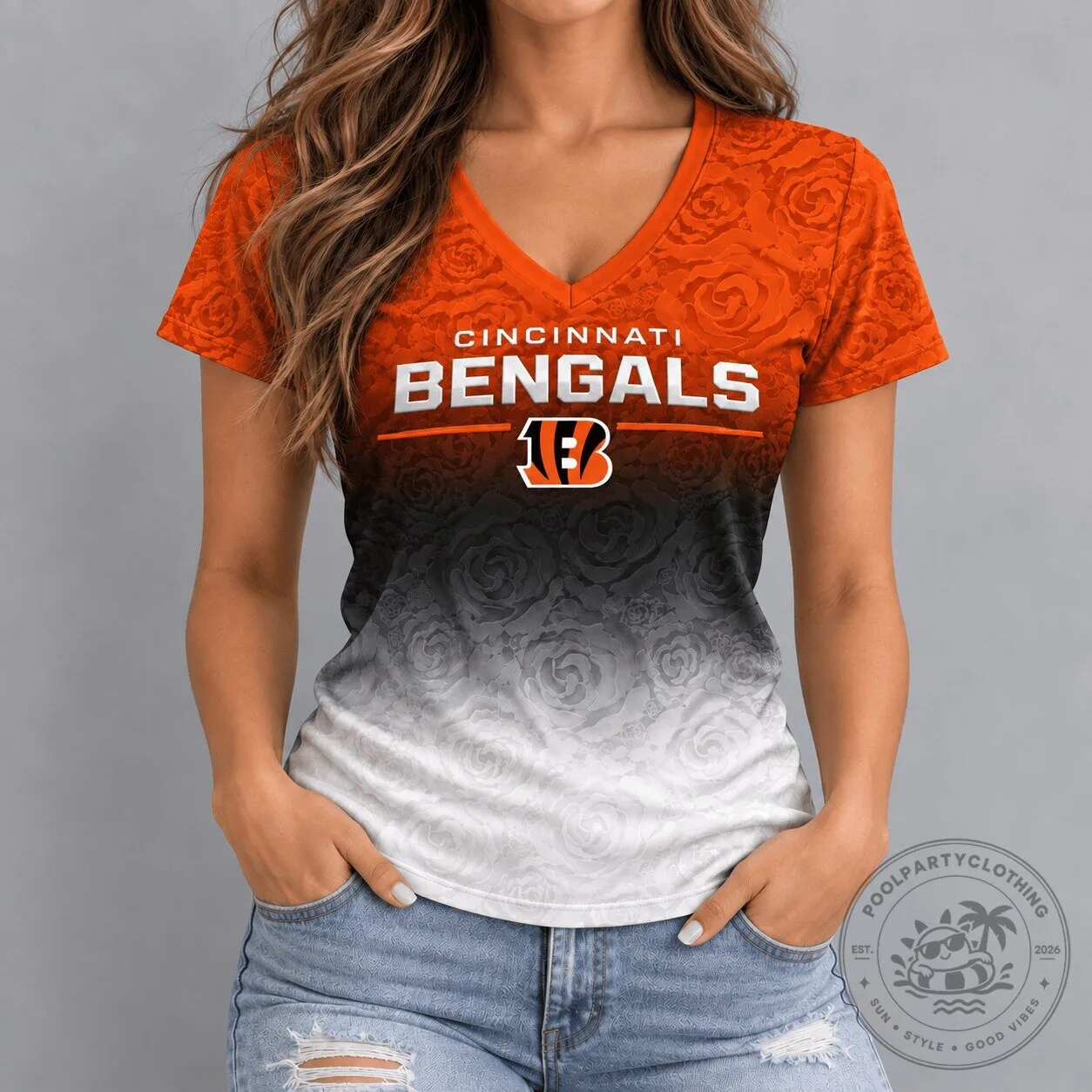 Cincinnati Bengals NFL Embossed Rose Ombre Women's V-Neck T-Shirt