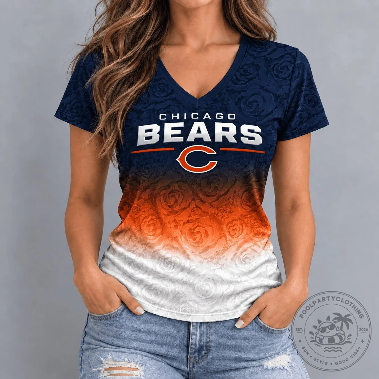 Chicago Bears Women's Embossed Rose Ombre V-Neck T-Shirt