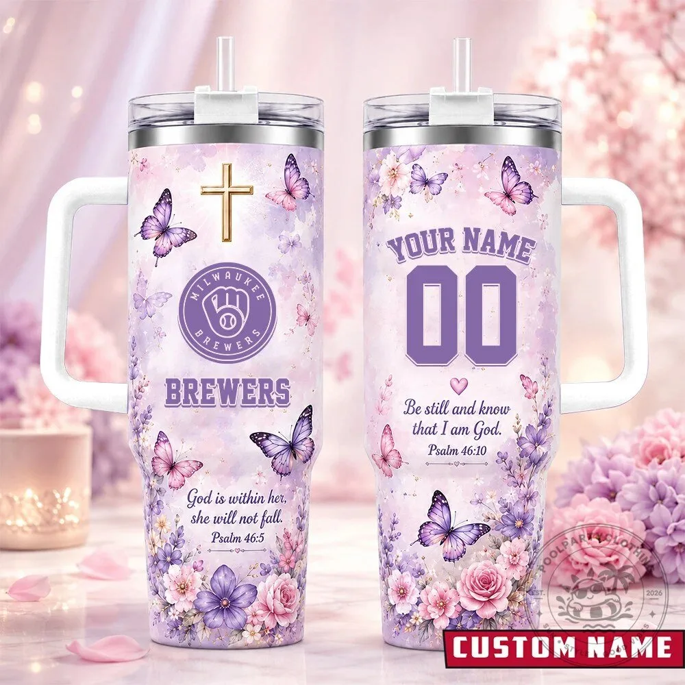 Milwaukee Brewers Baseball Personalized Tumbler, Butterfly Floral Christian Bible Verse