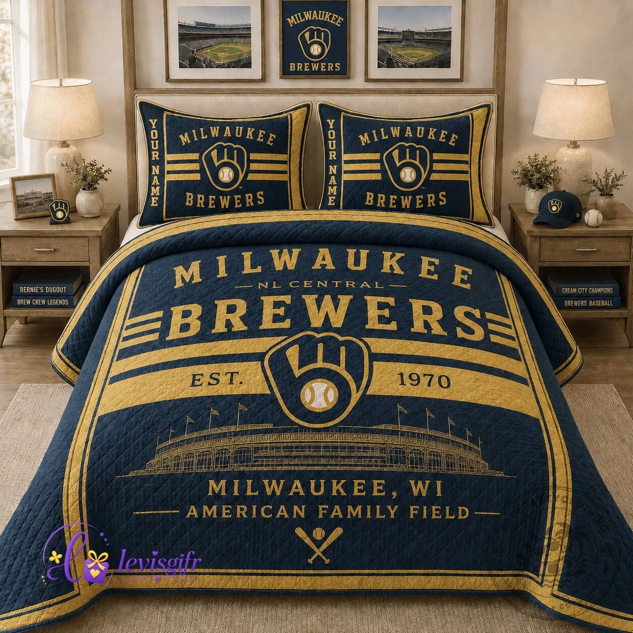 Milwaukee Brewers Baseball Quilt Bedding Set with Personalized Pillowcases