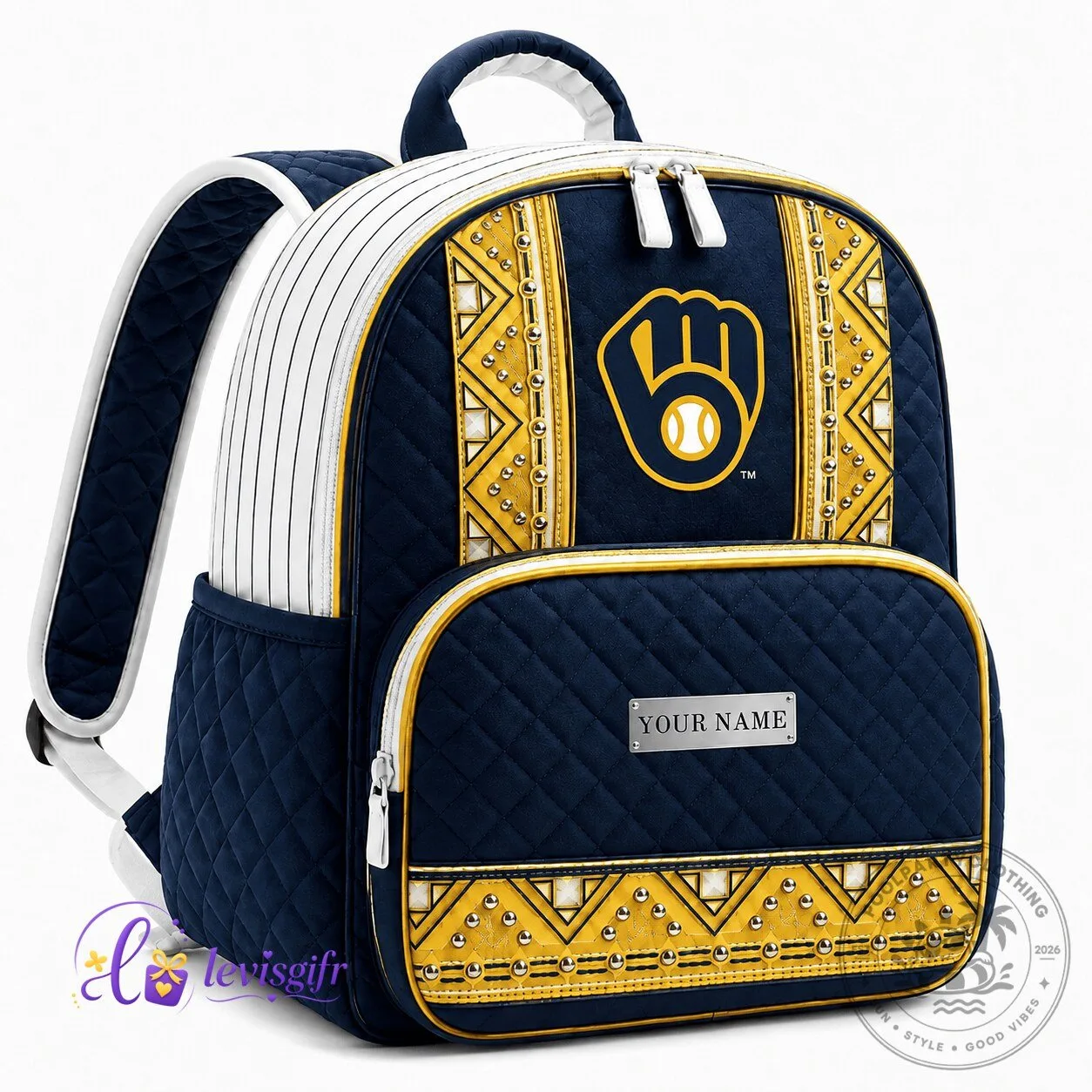 Milwaukee Brewers Baseball Personalized Quilted Backpack for Sports Fans