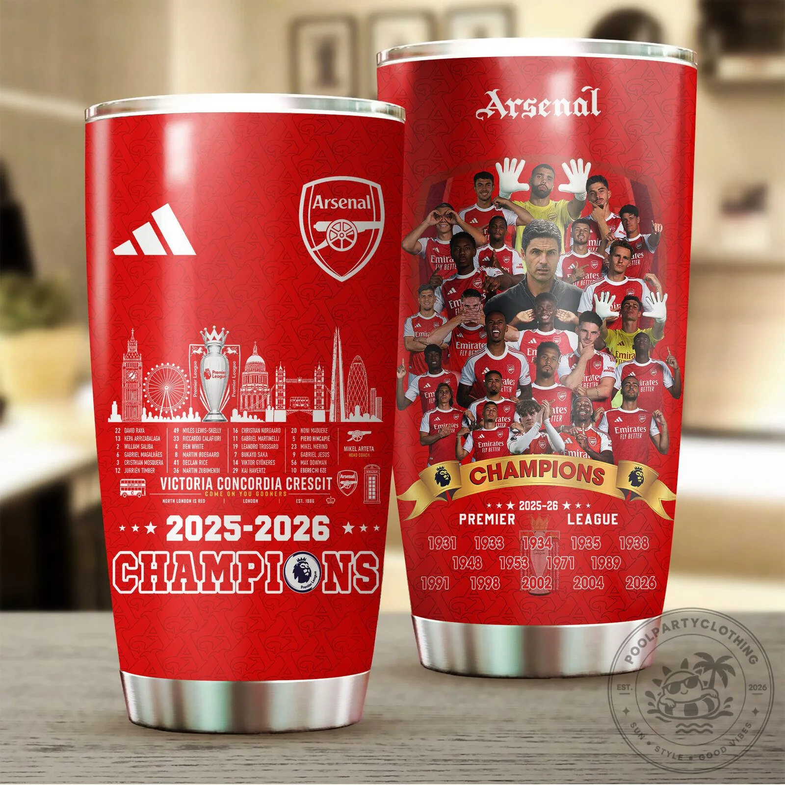 Arsenal Football Club 2025-2026 Premier League Champions Stainless Steel Tumbler