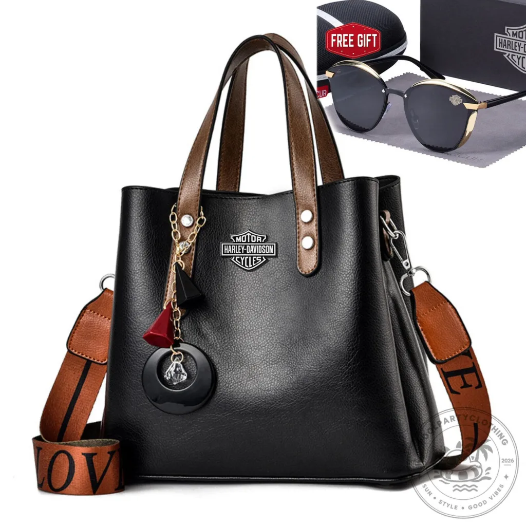 Harley-Davidson Motorcycles Black Leather Women's Handbag with Sunglasses Harley-Davidson Motorcycles Black Leather Women's Handbag with Sunglasses