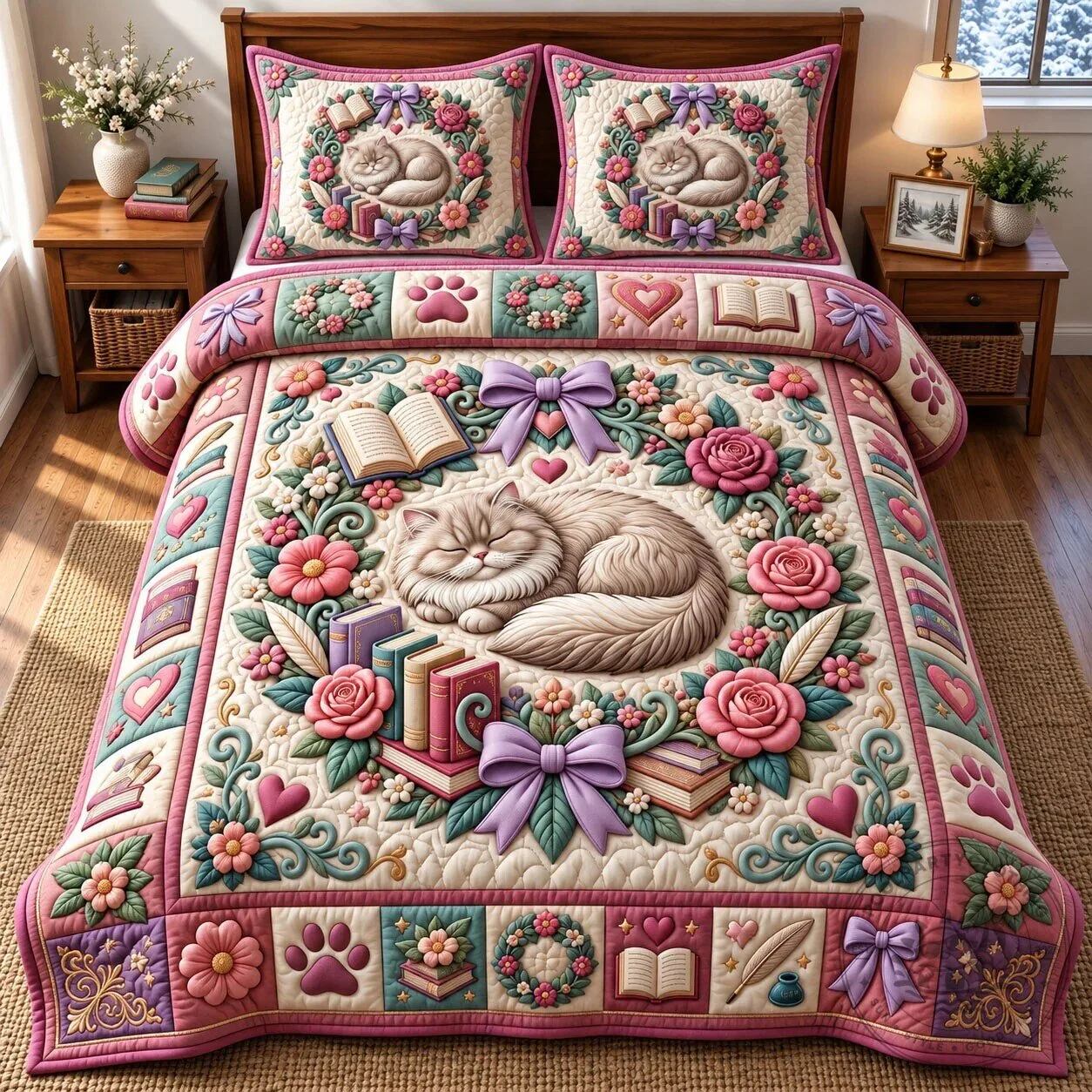 Bookish Cat Floral Quilted Bedding Set with Sleeping Kitten Design
