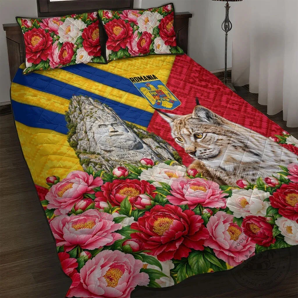 Romania Lynx and Decebalus Rex Traditional Folk Pattern Quilt Bed Set