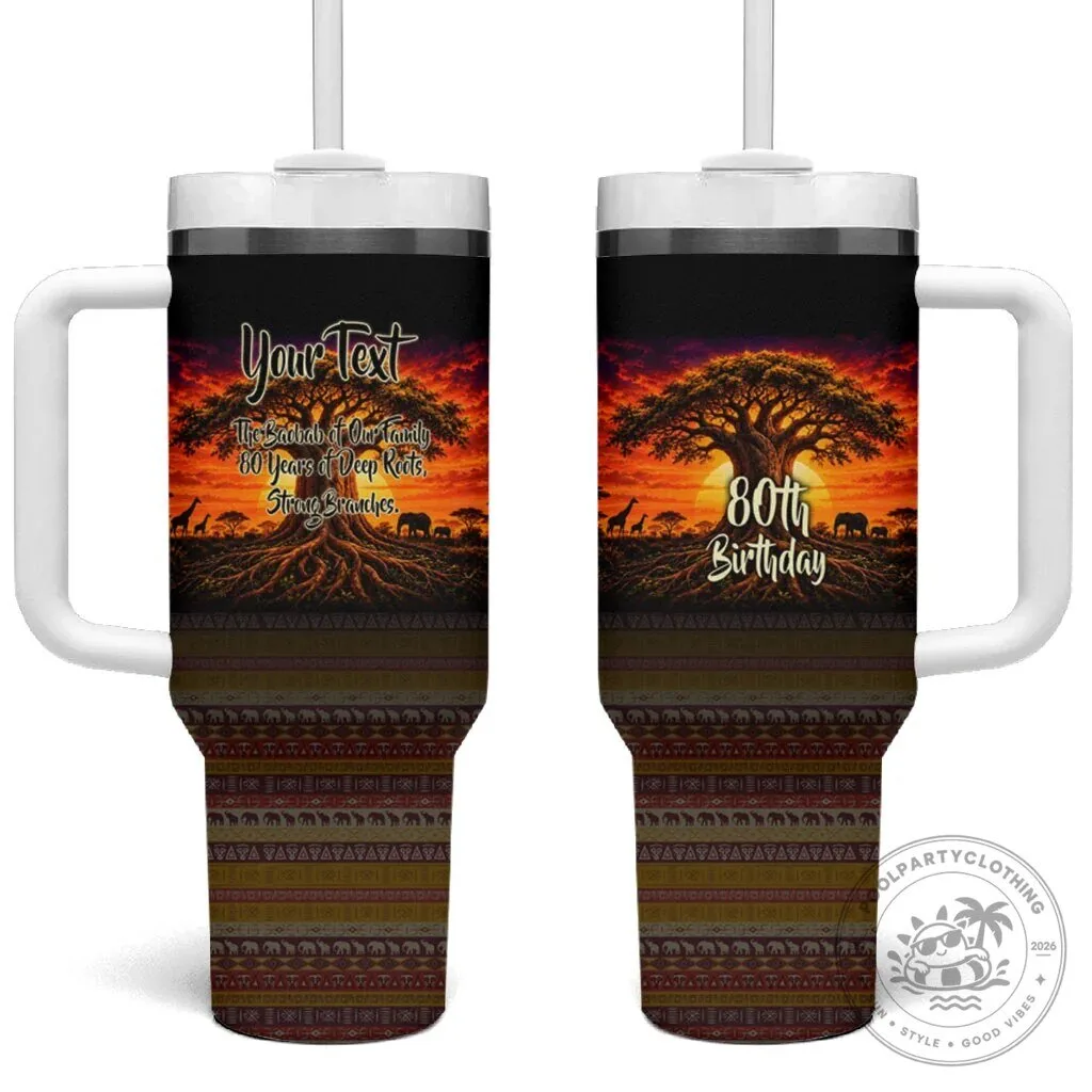 Personalized 80th Birthday Baobab Tree African Sunset Tumbler With Handle 2 Personalized 80th Birthday Baobab Tree African Sunset Tumbler With Handle