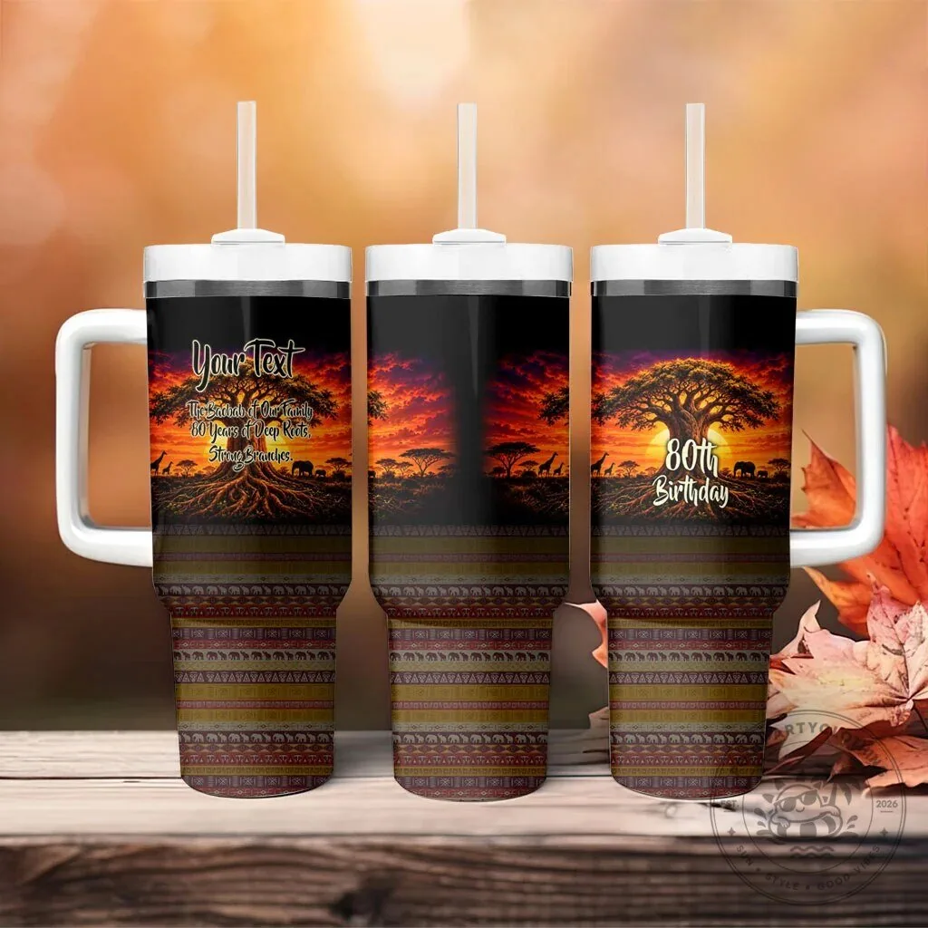 Personalized 80th Birthday Baobab Tree African Sunset Tumbler With Handle 12 Personalized 80th Birthday Baobab Tree African Sunset Tumbler With Handle