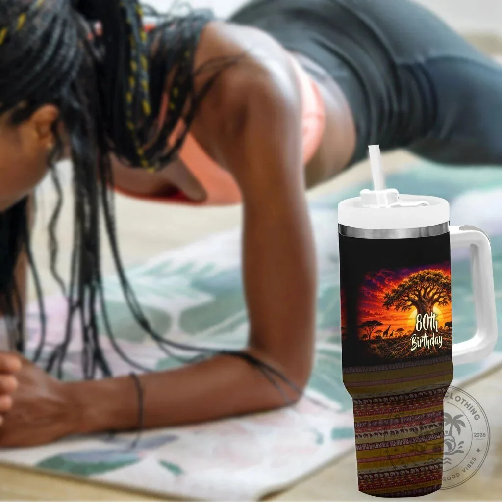 Personalized 80th Birthday Baobab Tree African Sunset Tumbler With Handle 14 Personalized 80th Birthday Baobab Tree African Sunset Tumbler With Handle