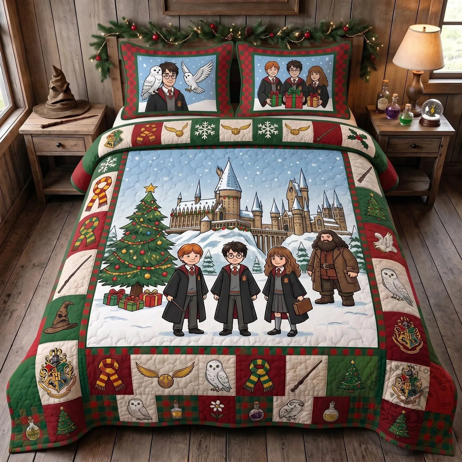 Harry Potter Christmas Quilt Bedding Set with Hogwarts Castle and Characters